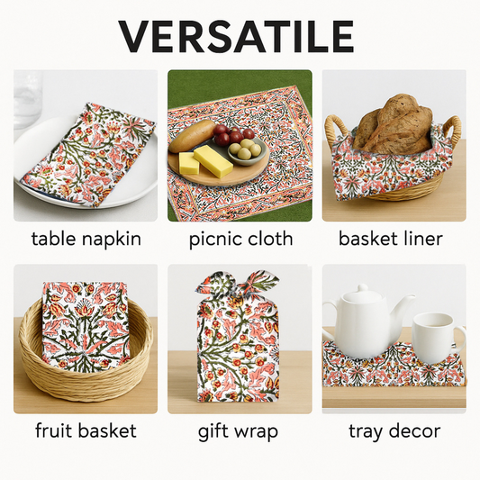 Versatile use of a floral tablecloth including table napkin, picnic cloth, basket liner, fruit basket, gift wrap, and tray decor.