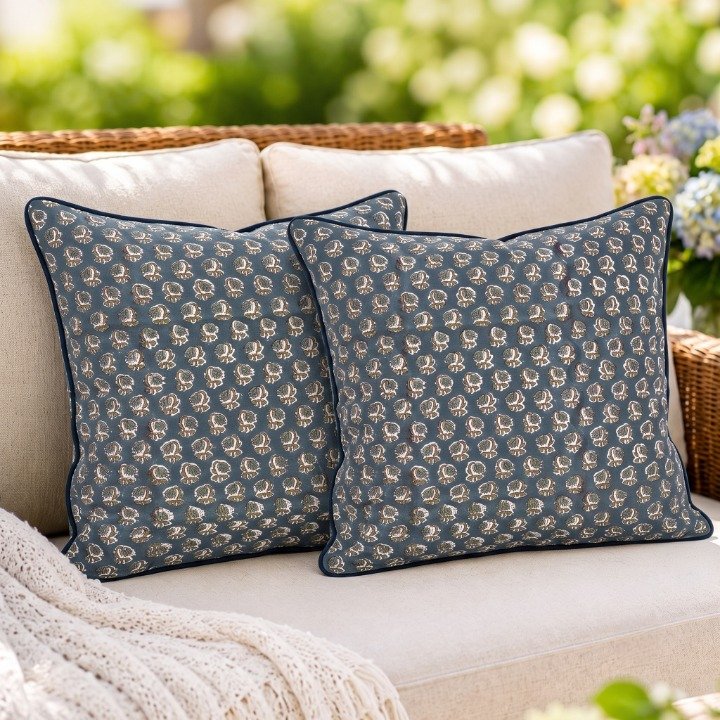 Peacock Blue Piping Pillow Cover Ridhi Block Print