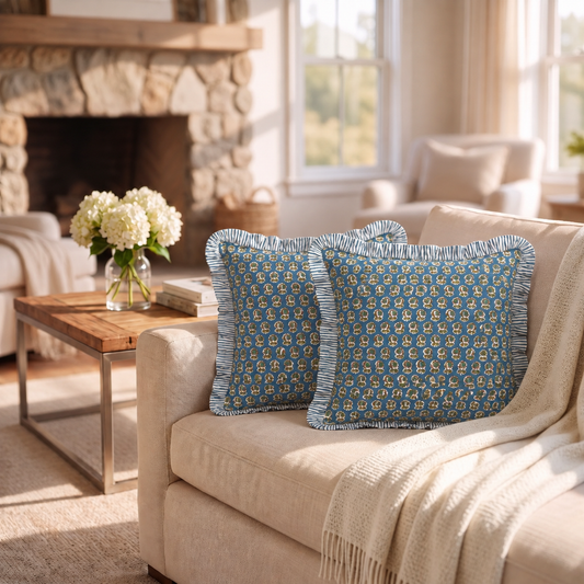 Peacock Blue Ruffle Pillow Cover Ridhi Block Print