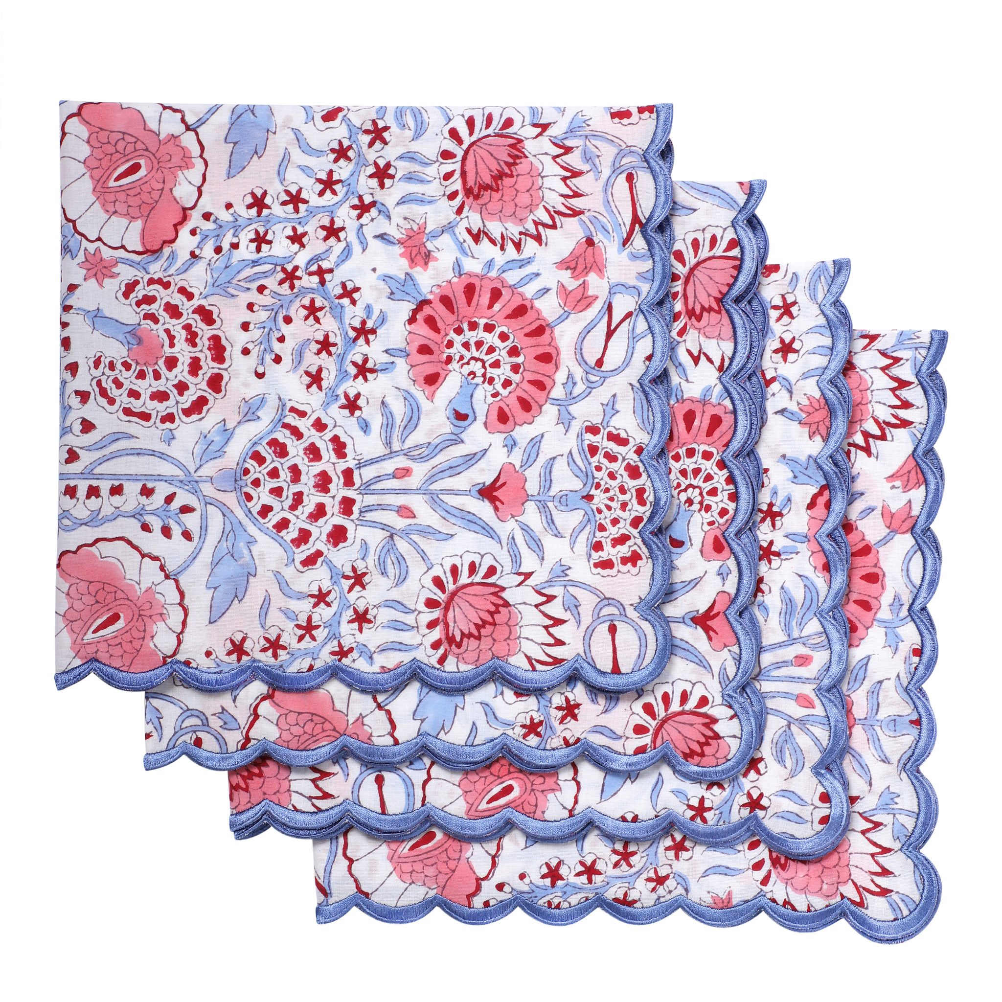 Stack of floral-patterned napkins with blue and red design on a white background