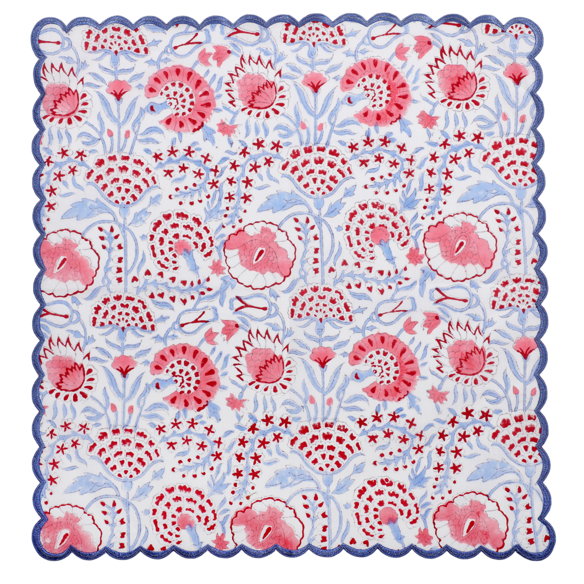 Floral patterned fabric with pink and blue colors on a white background