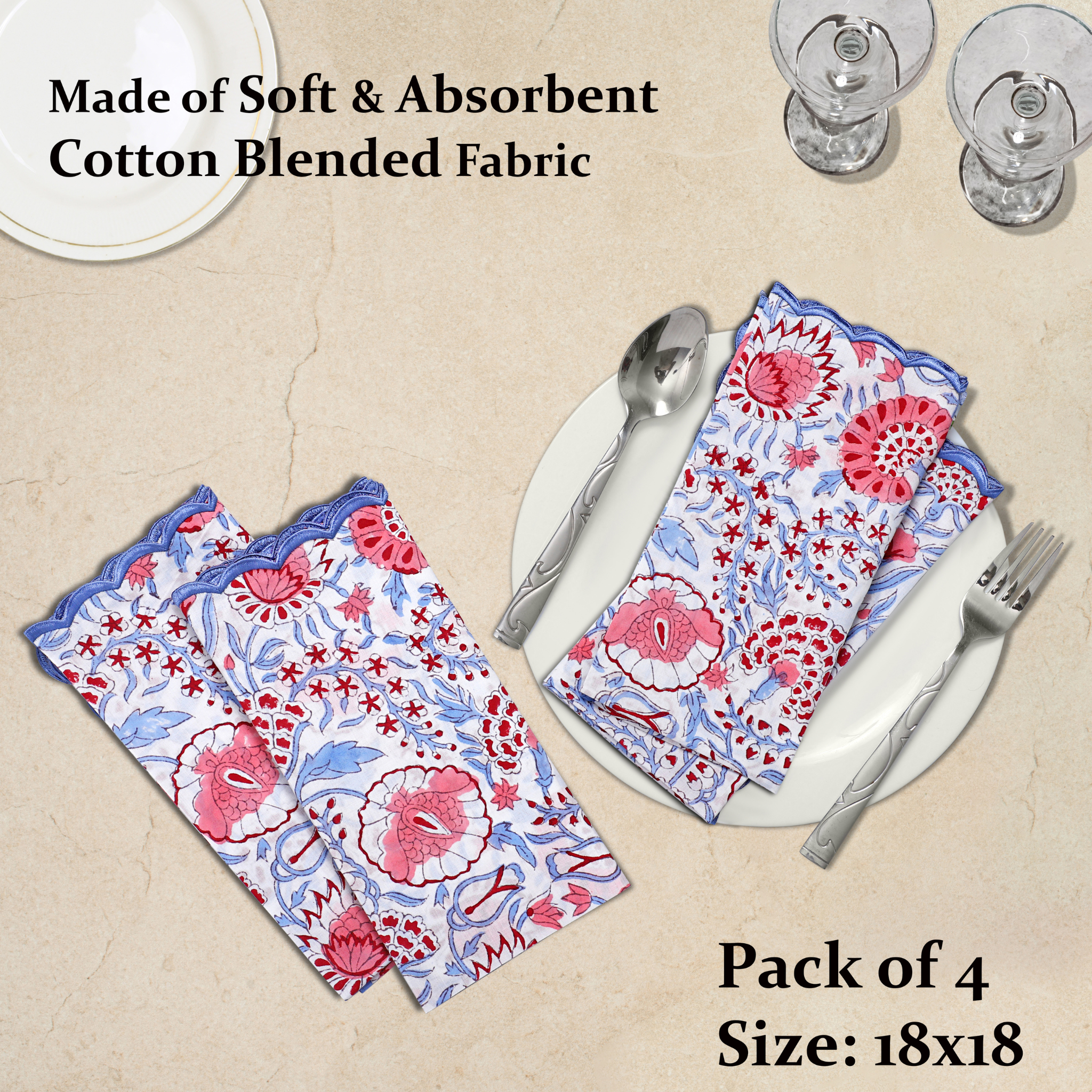 Floral patterned napkins on a beige surface with cutlery