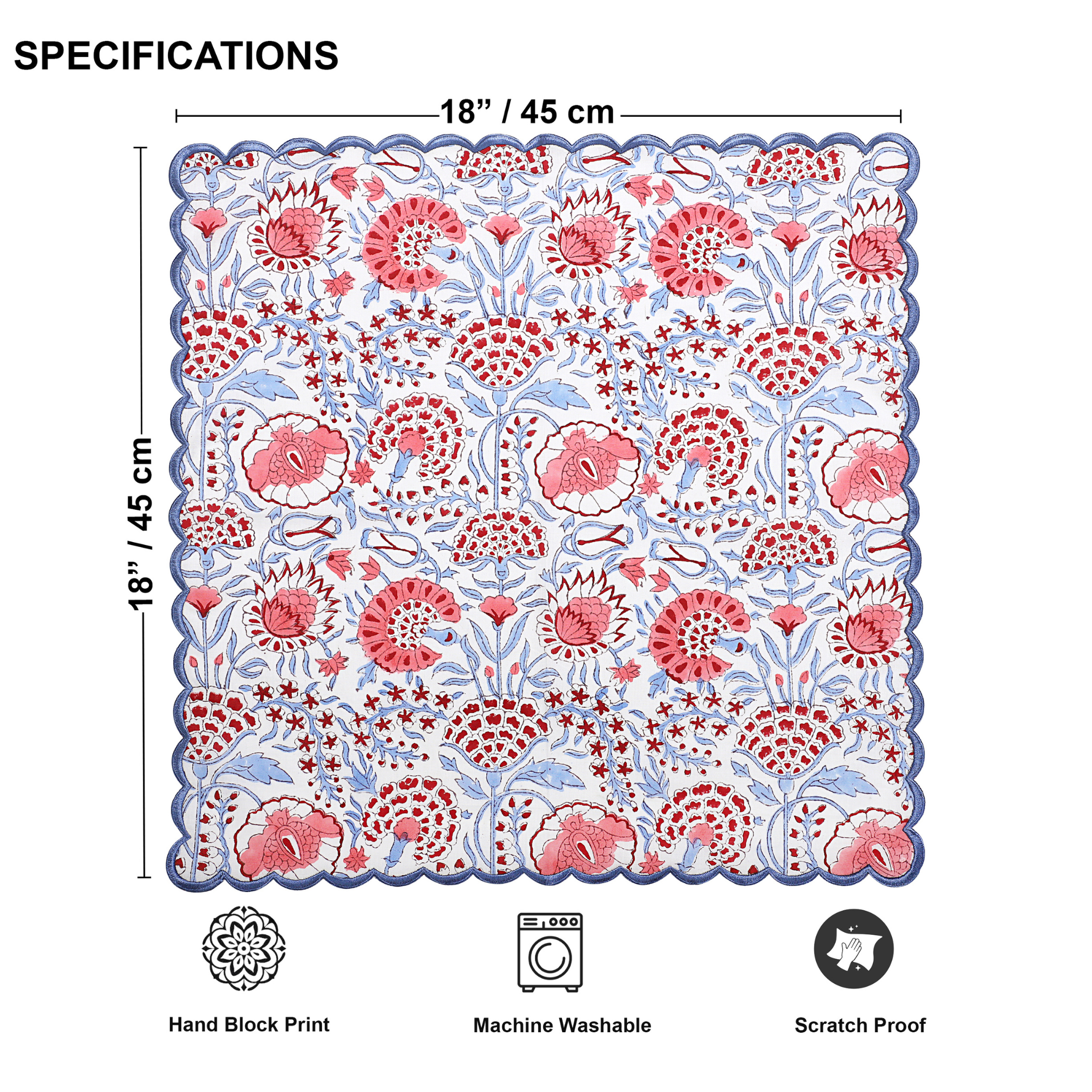 Floral patterned fabric with dimensions and care instructions on a white background