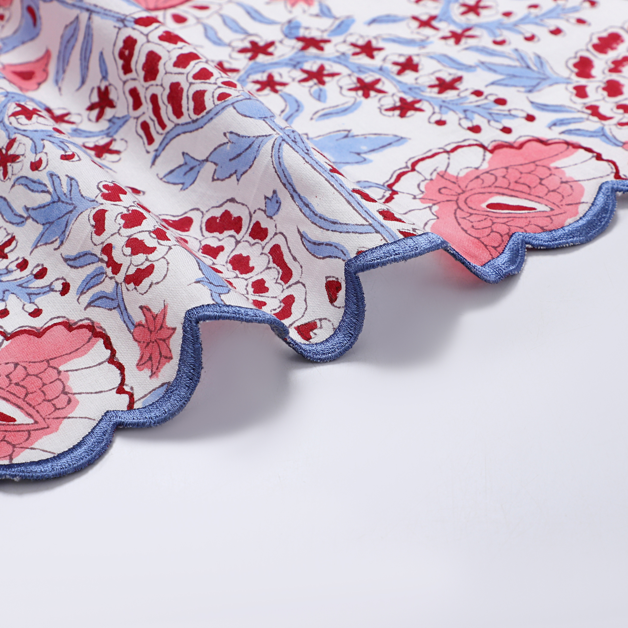 Close-up of a floral fabric with red, blue, and white colors on a white background