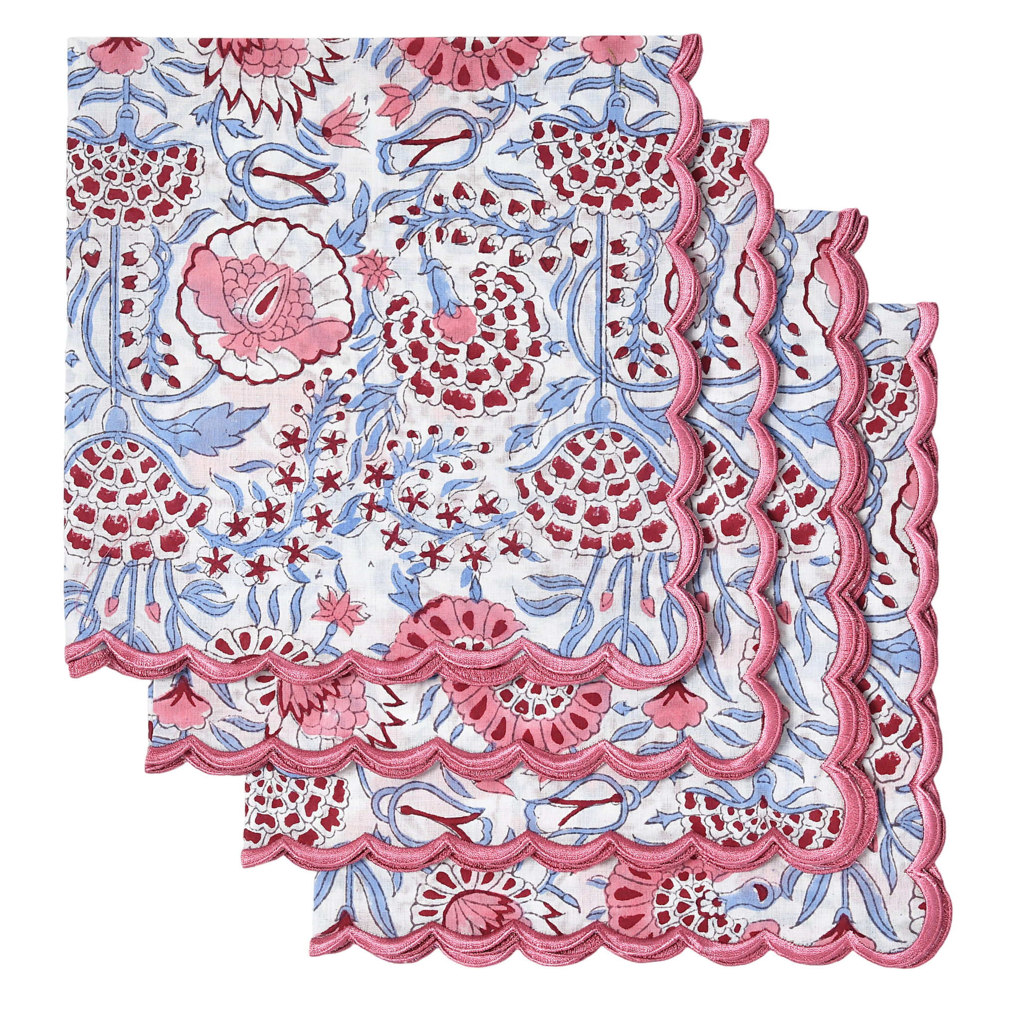 Set of floral-patterned napkins with pink and blue design on a white background