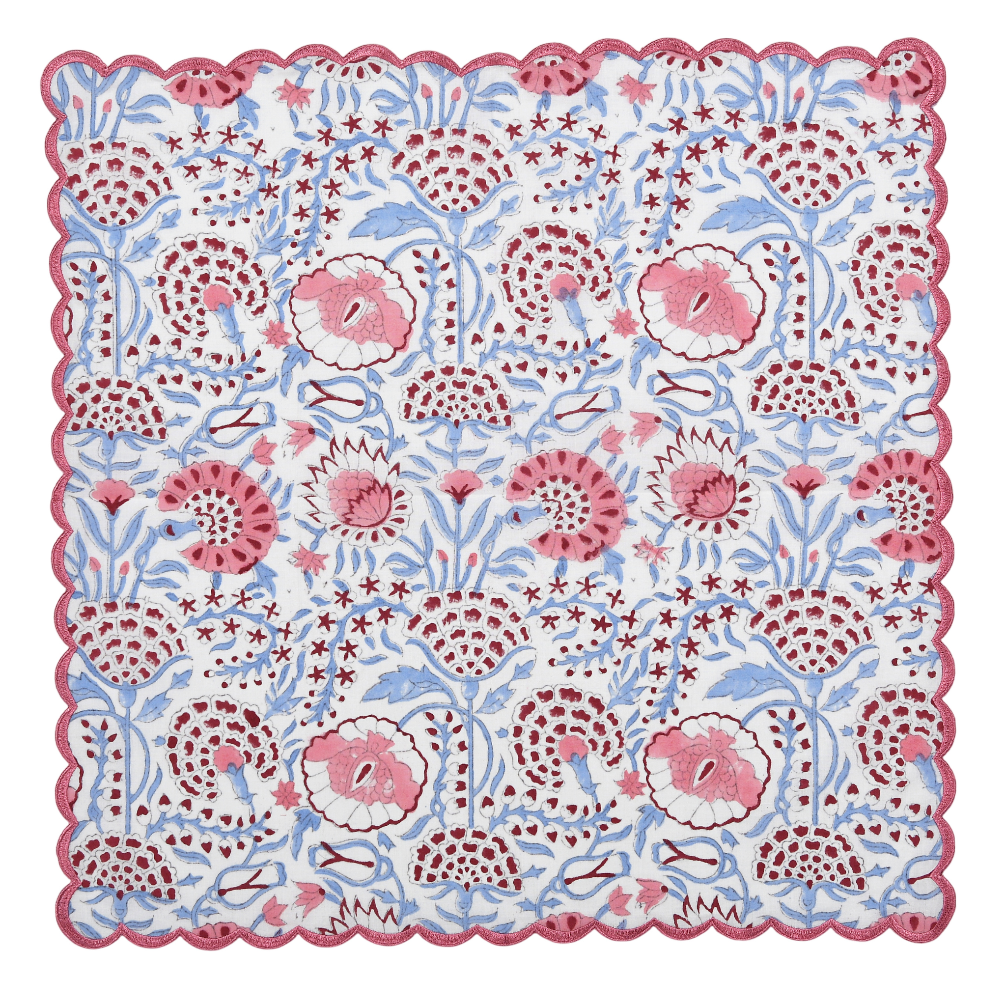 Decorative paper doily with floral pattern in pink and blue on a white background