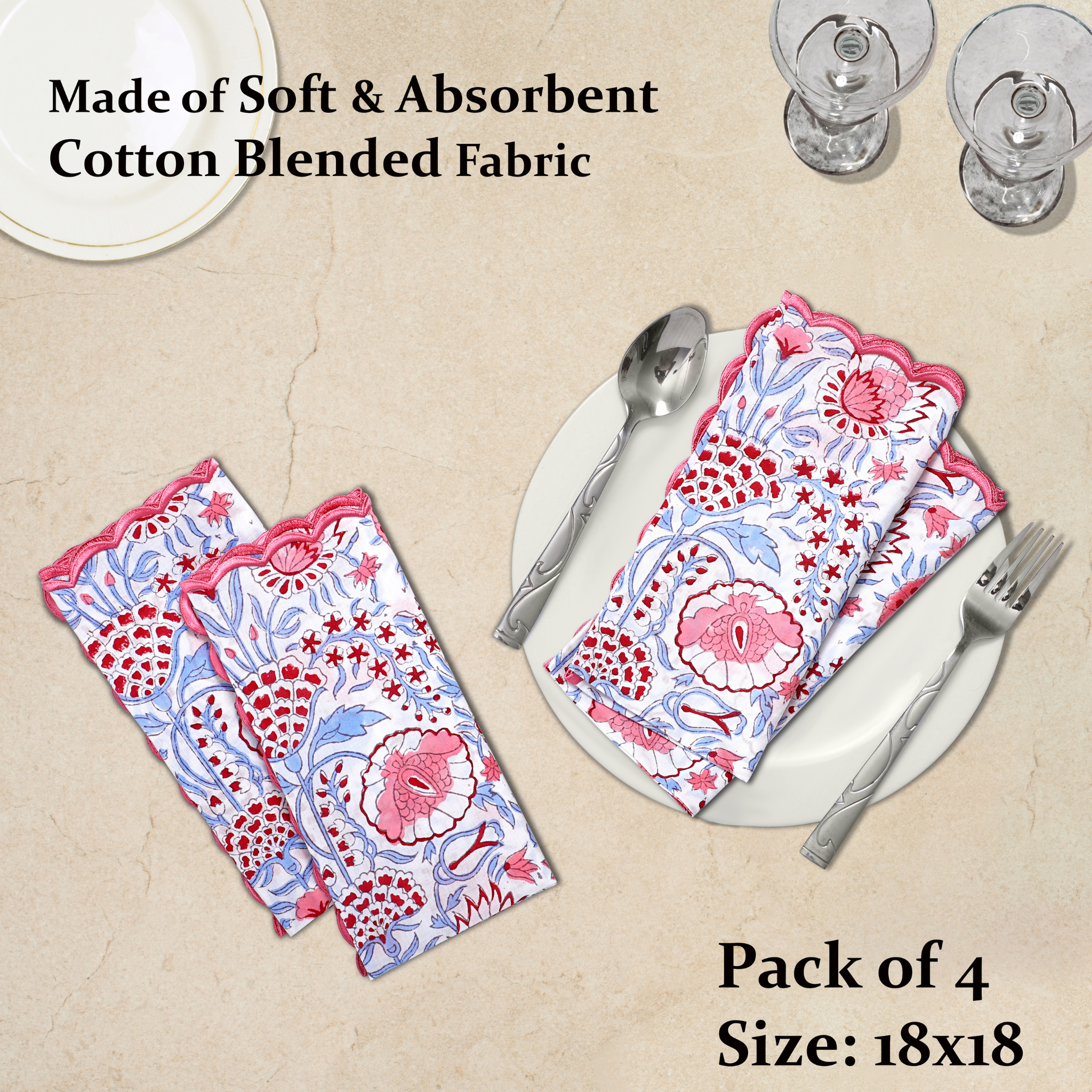 Pack of 4 floral patterned napkins on a beige surface with cutlery.