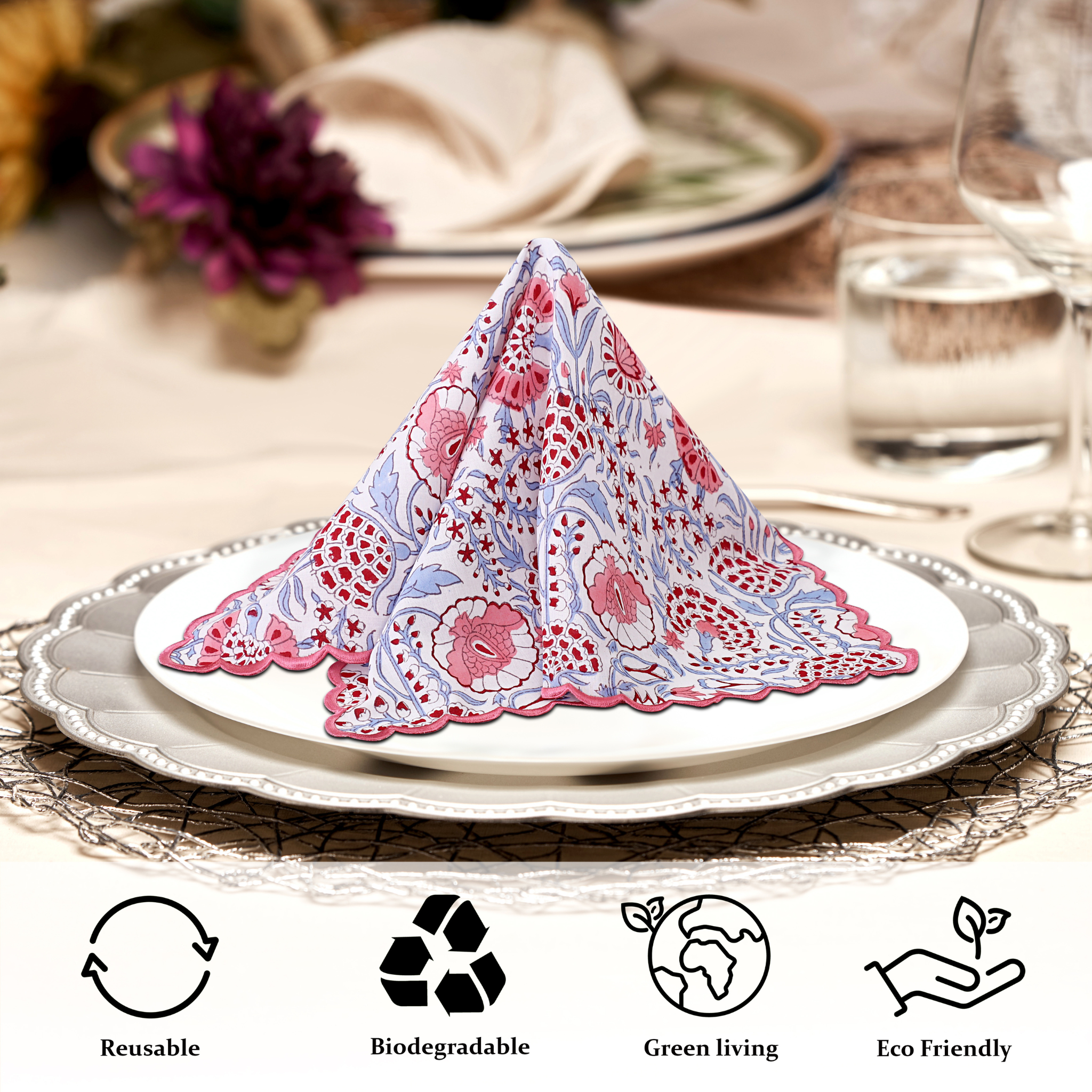 Decorative folded napkin on a plate with eco-friendly icons below