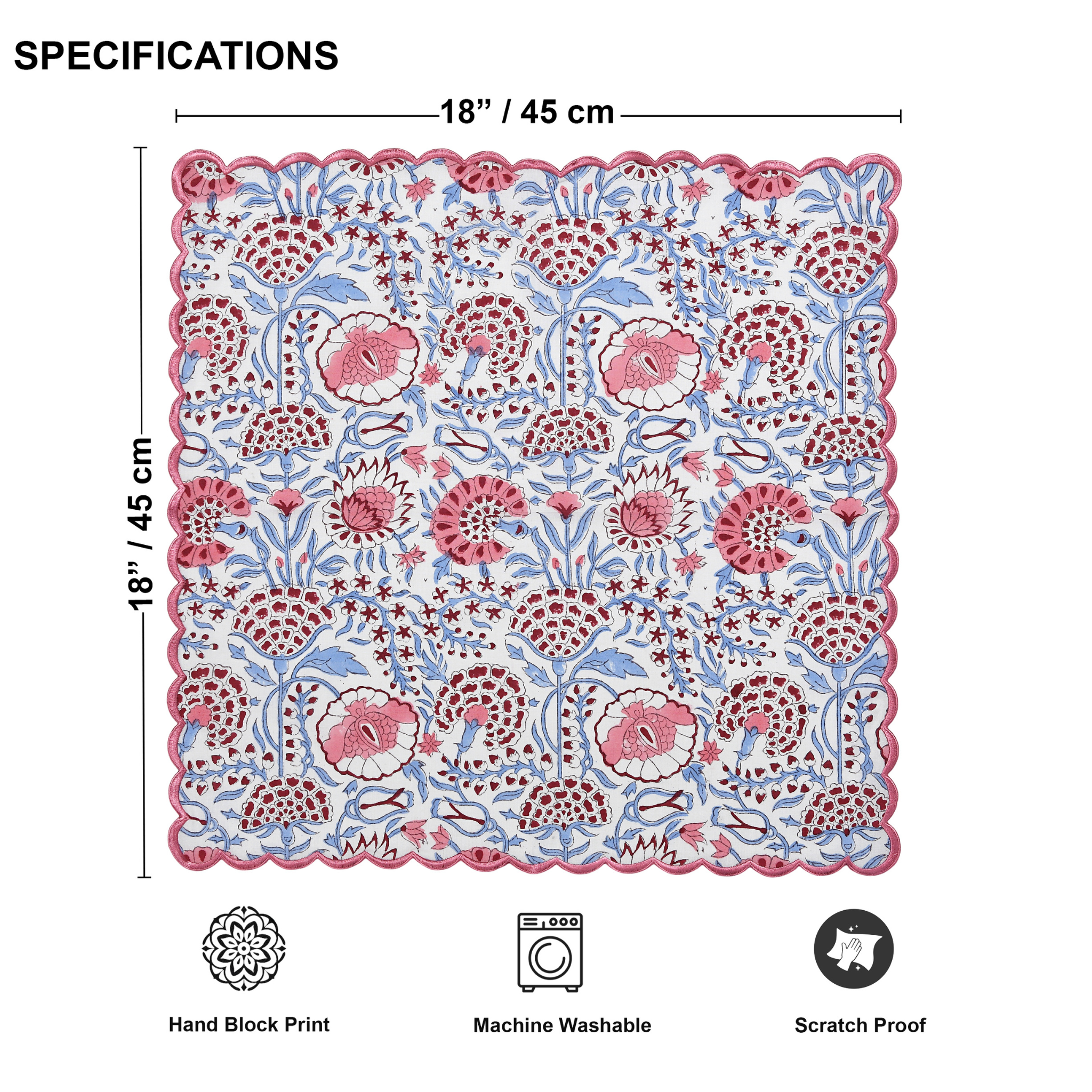 Floral patterned fabric with dimensions and care instructions on a white background