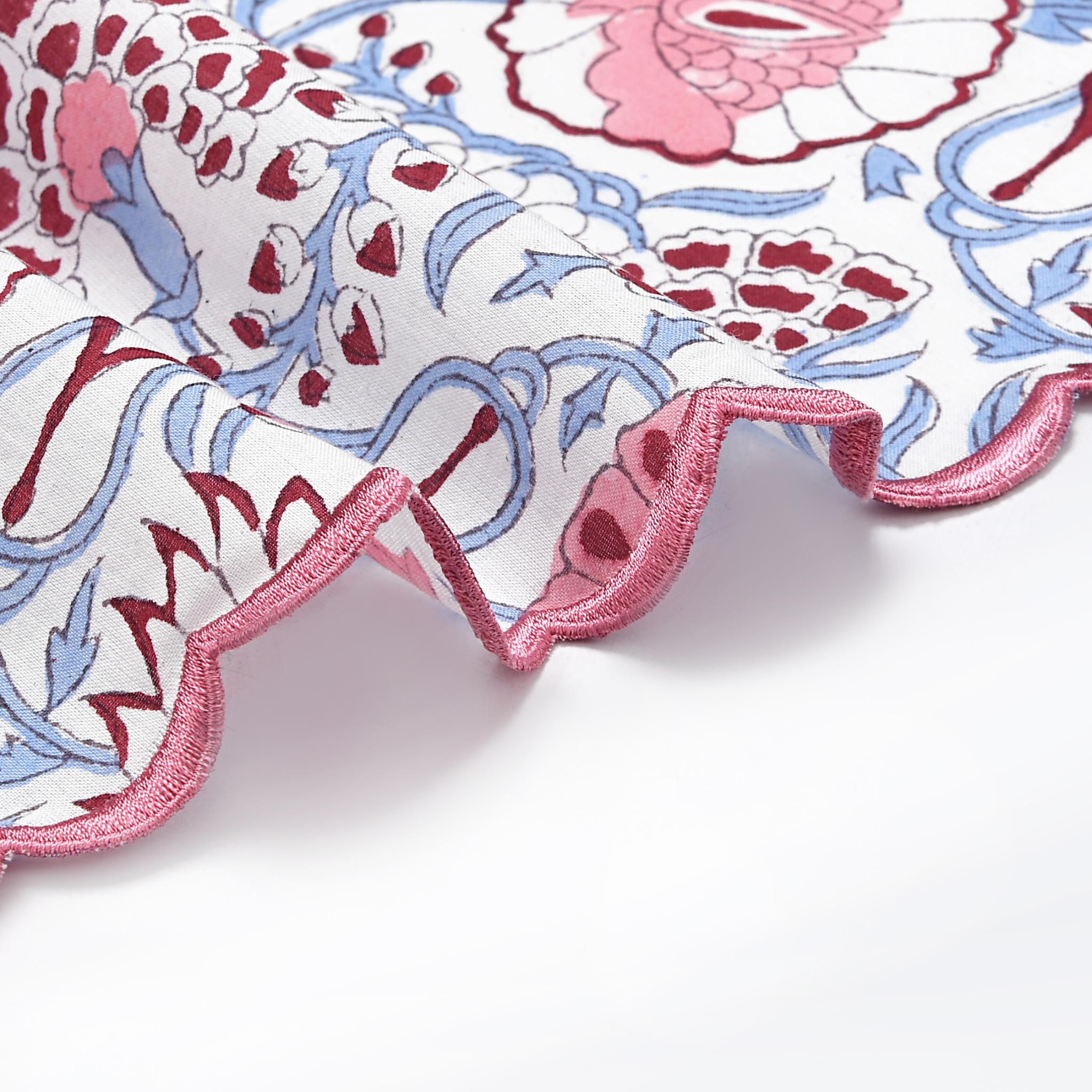 Close-up of a floral fabric with pink, red, and blue patterns on a white background