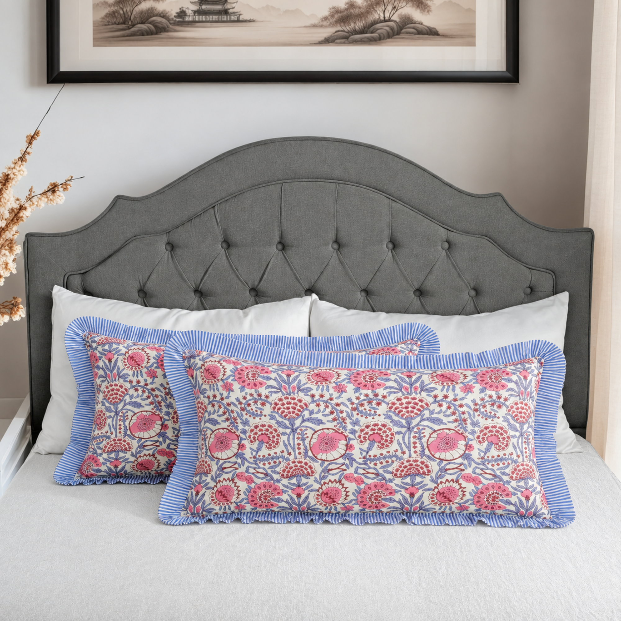 Pigeon Blue & Flamingo Pink Bed Pillow Cover Ridhi Block Print