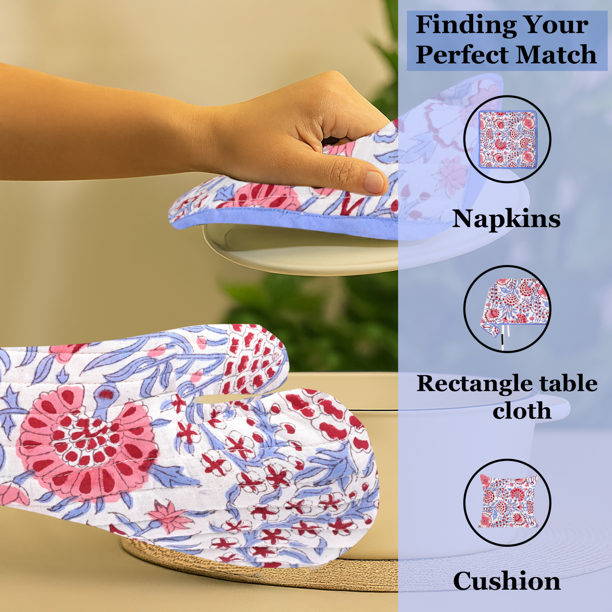 Floral-patterned table mats on a table with matching napkins and tablecloth.