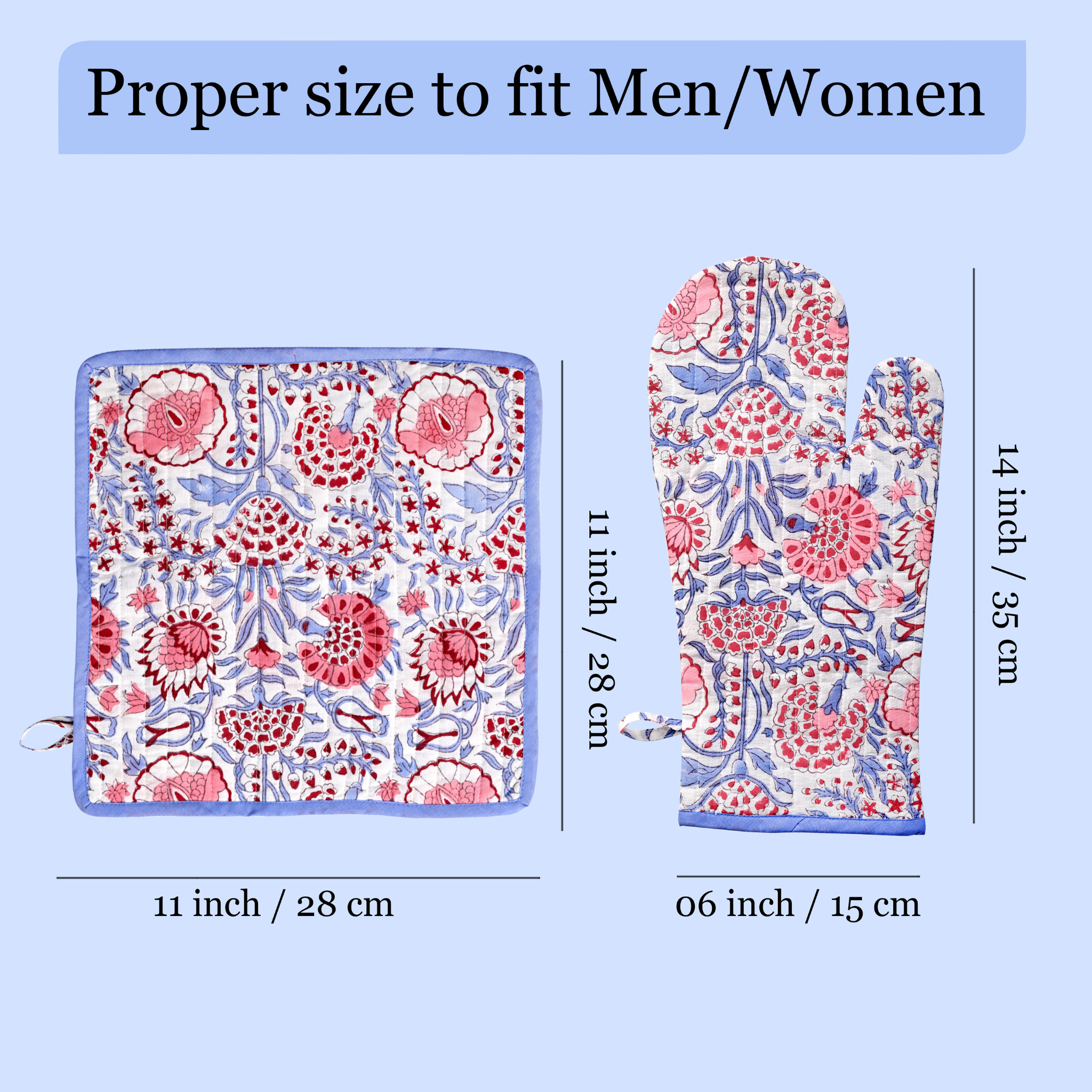 Floral-patterned pot holder and oven mitt with size measurements on a light blue background