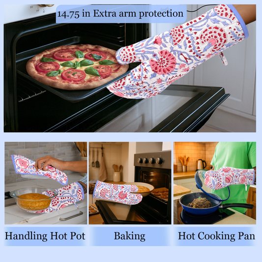 Oven mitt with floral pattern being used to handle hot items in a kitchen setting.