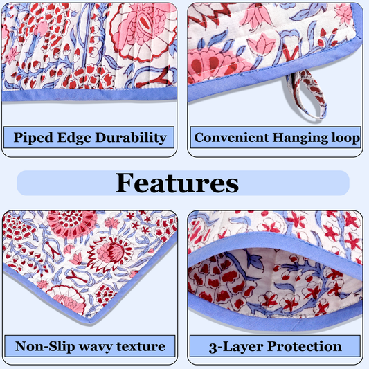 Product features with floral design and text labels on a blue background