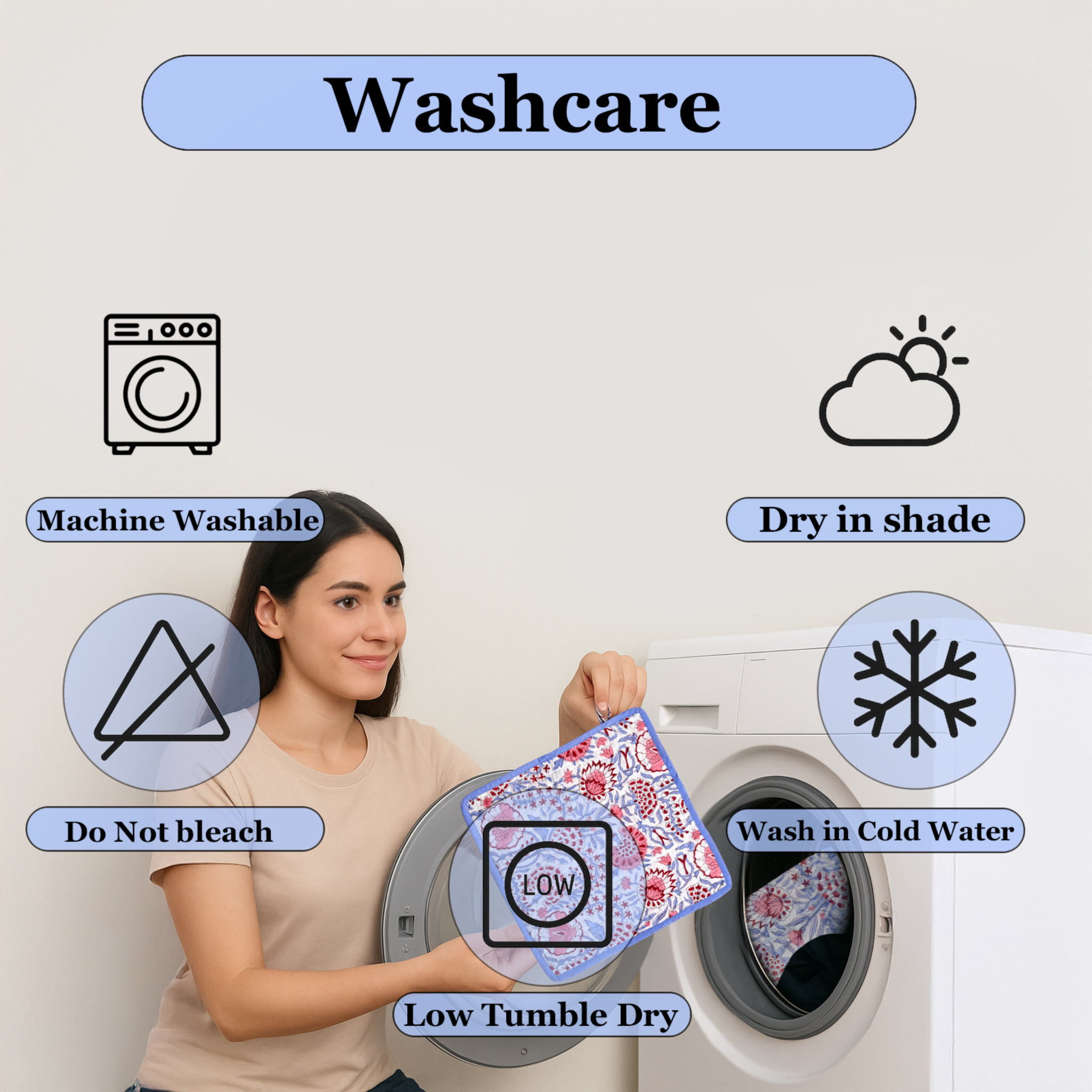 Woman holding a garment with washing instructions displayed around her.