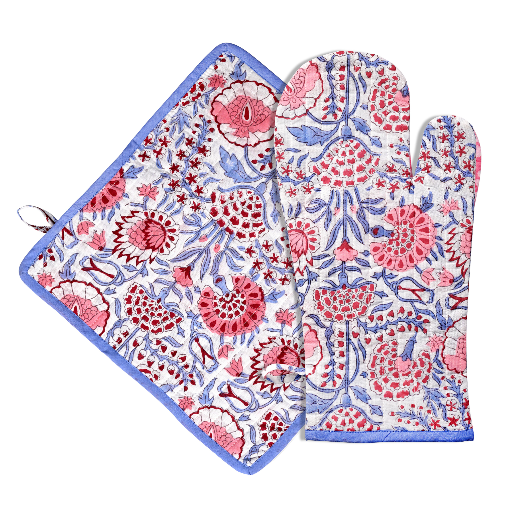 Floral patterned oven mitt and pot holder set on a white background
