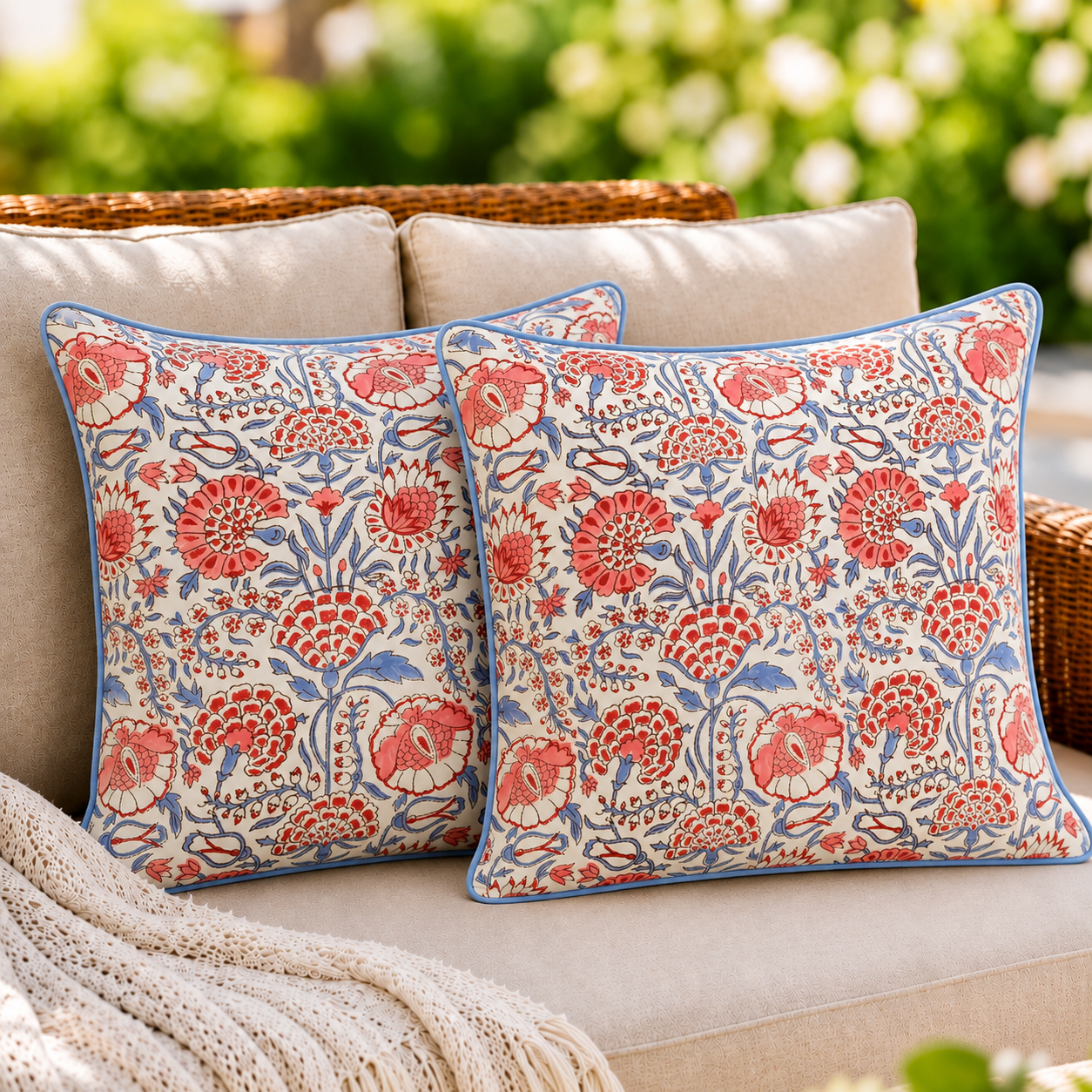 Pigeon Blue & Flamingo Pink Piping Pillow Cover Ridhi Block Print