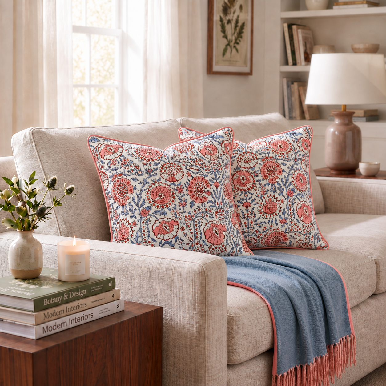 Pigeon Blue & Flamingo Pink Piping Pillow Cover Ridhi Block Print
