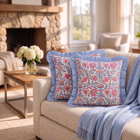 Pigeon Blue and Flamingo Pink Ruffle Pillow Cover Ridhi Block Print