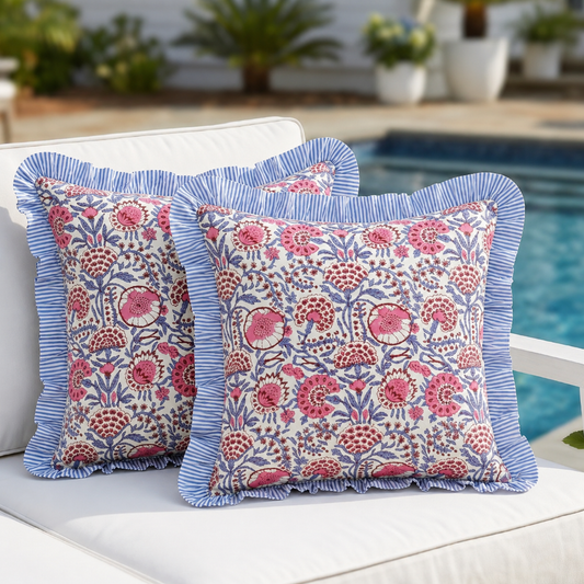 Pigeon Blue and Flamingo Pink Ruffle Pillow Cover Ridhi Block Print