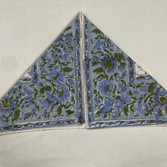 Triangular fabric sample with blue floral pattern on a light gray background