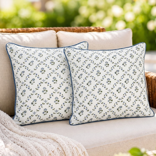 Powder Blue Piping Pillow Cover Ridhi Block Print