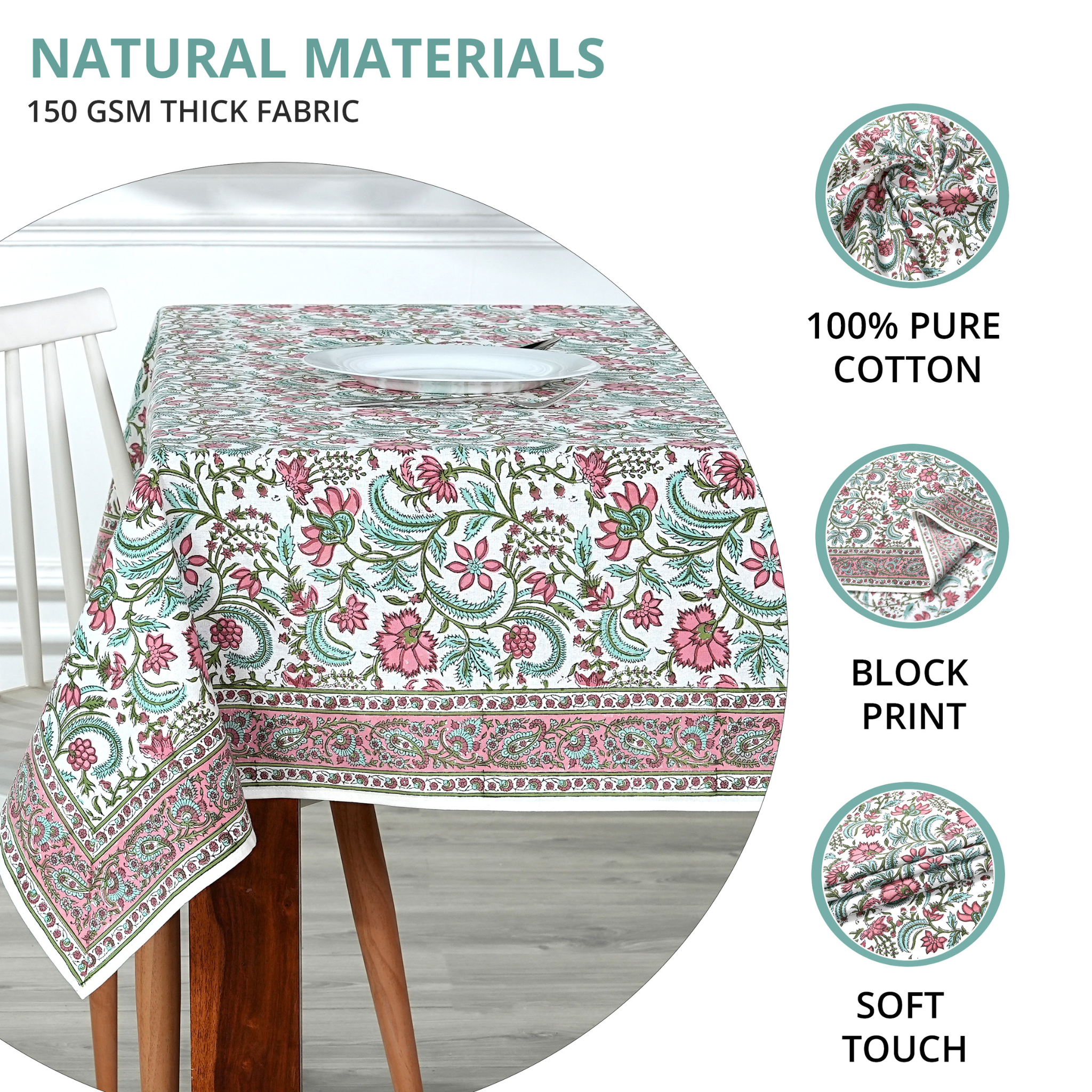 Floral patterned tablecloth on a table with natural materials text and icons.