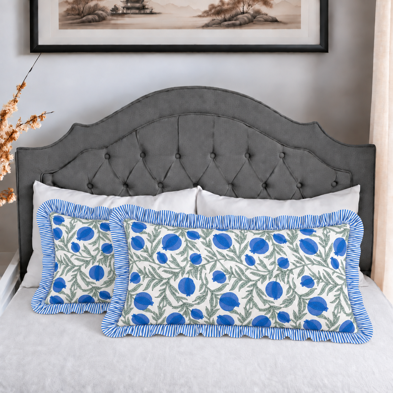Queen Blue Bed Pillow Cover Ridhi Block Print