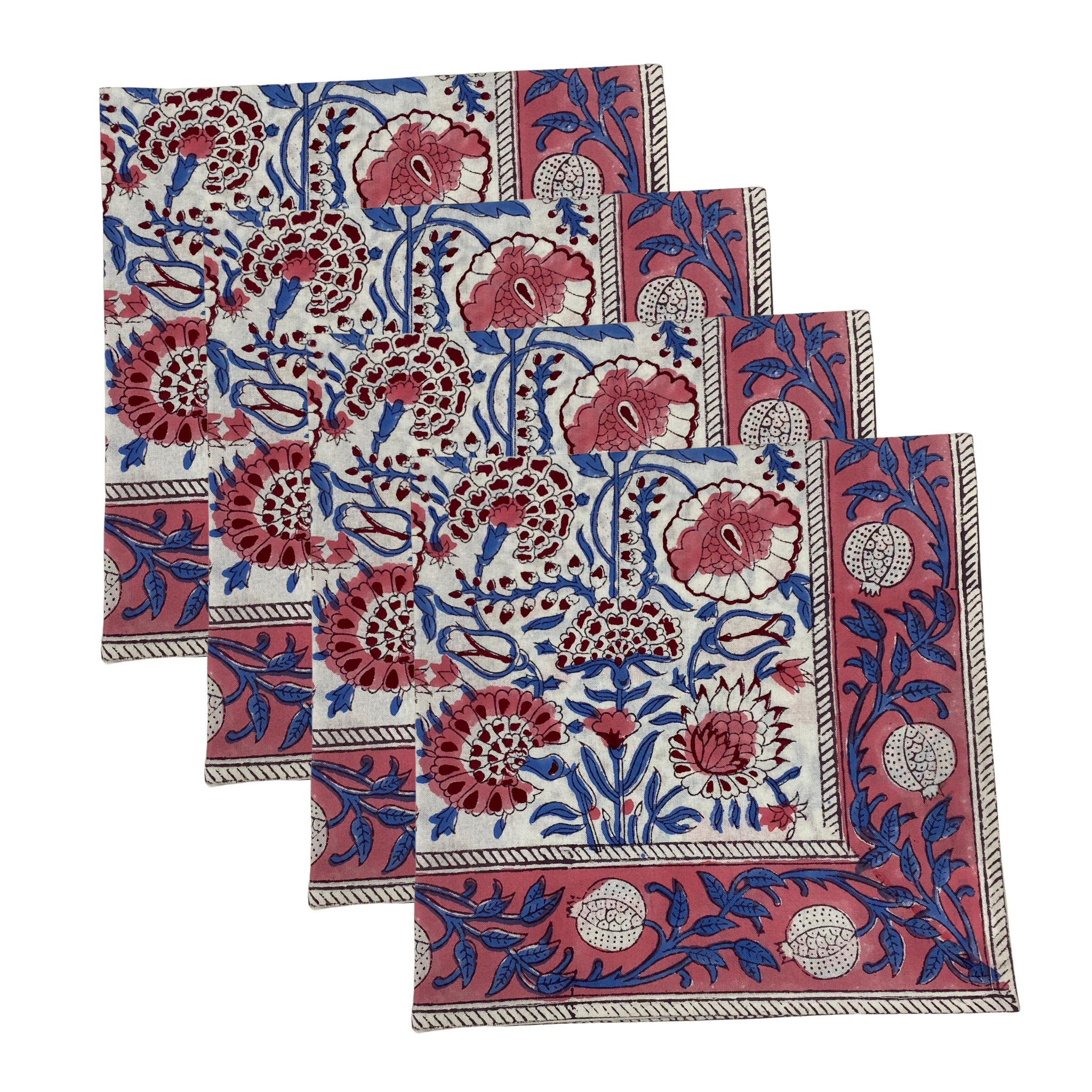 Set of four floral patterned napkins with red and blue design on a white background