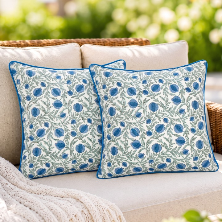 Queen Blue Piping Pillow Cover Ridhi Block Print
