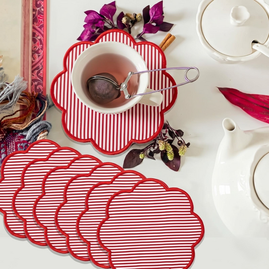Hand Block Print Cotton Drink Coaster - Ruby Red Stripe RIDHI