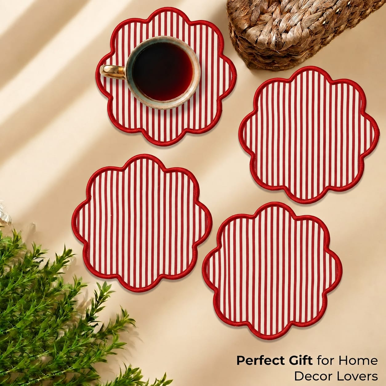 Hand Block Print Cotton Drink Coaster - Ruby Red Stripe RIDHI