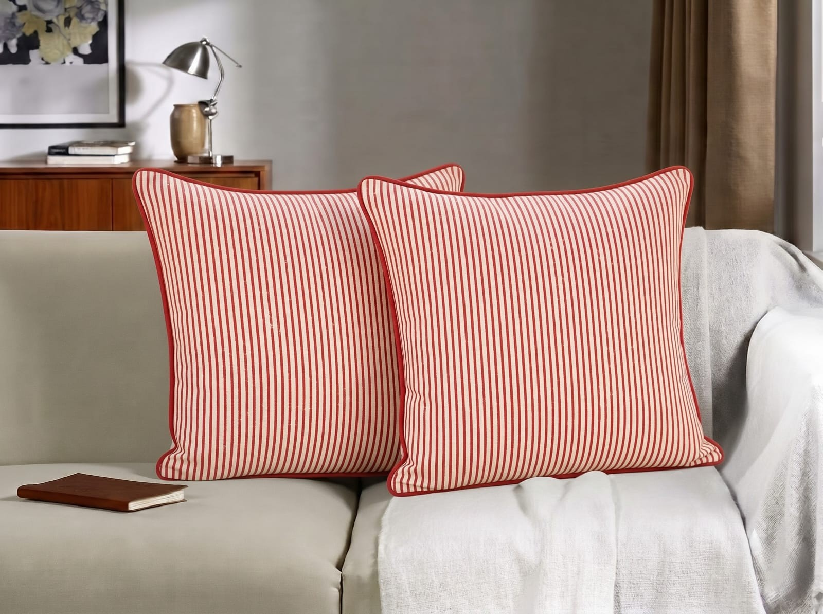 Ruby Red Striped Cotton Piping Pillow Cover RIDHI