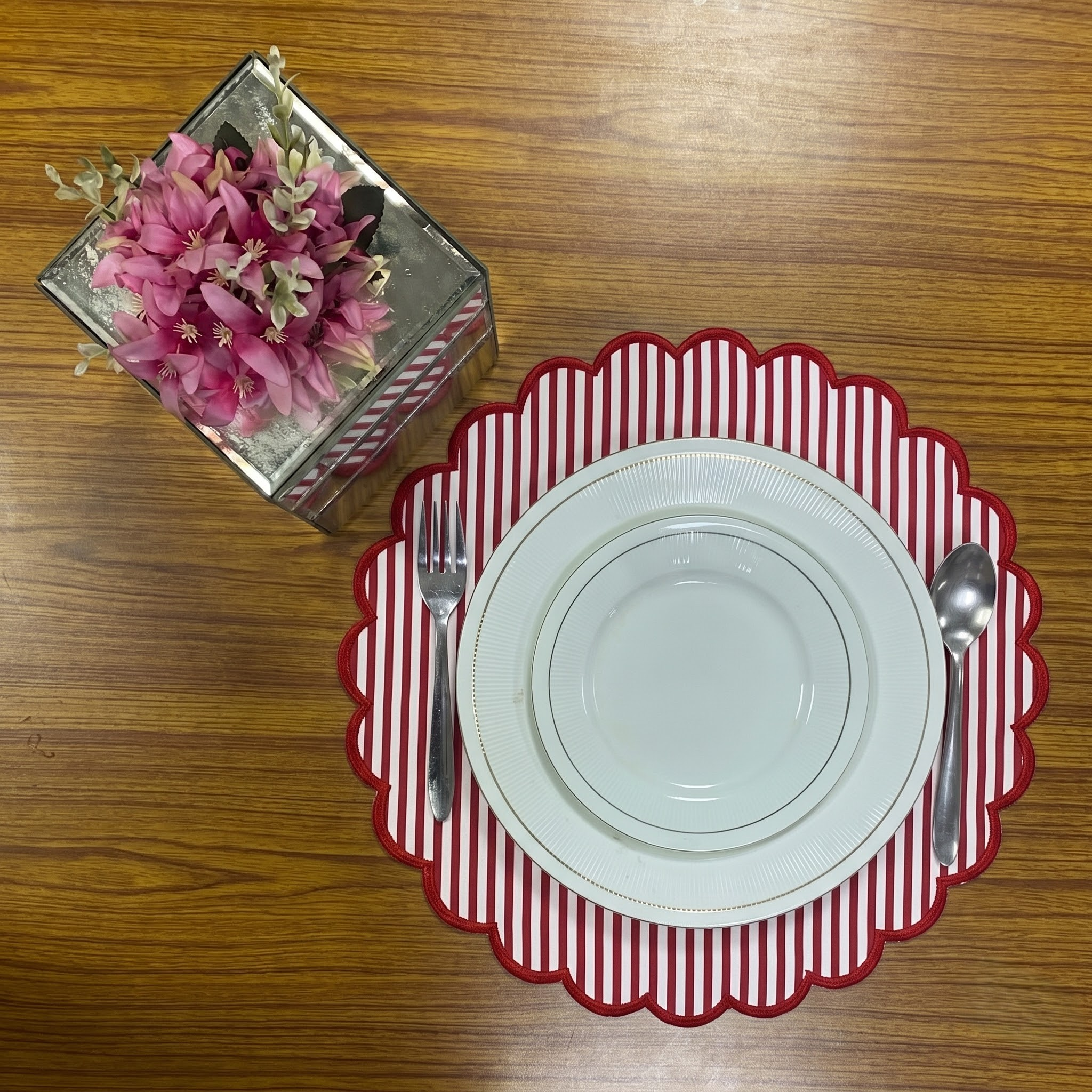 Ruby Red Stripe Round Placemat Ridhi Block Print