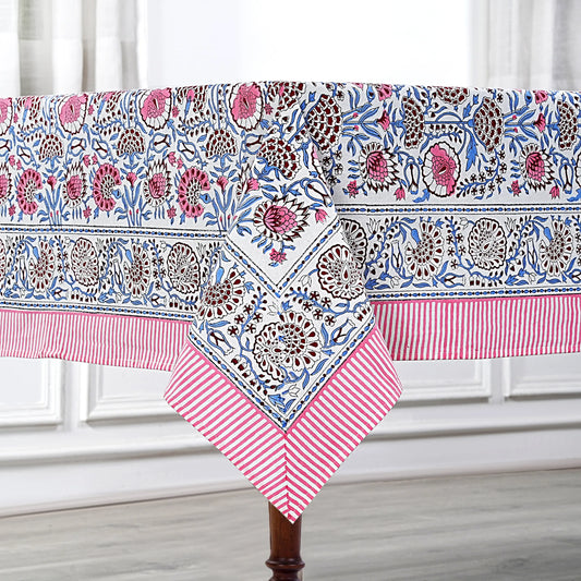 Pigeon Blue and Flamingo Pink Rectangle Tablecloth - Ridhi Block Print