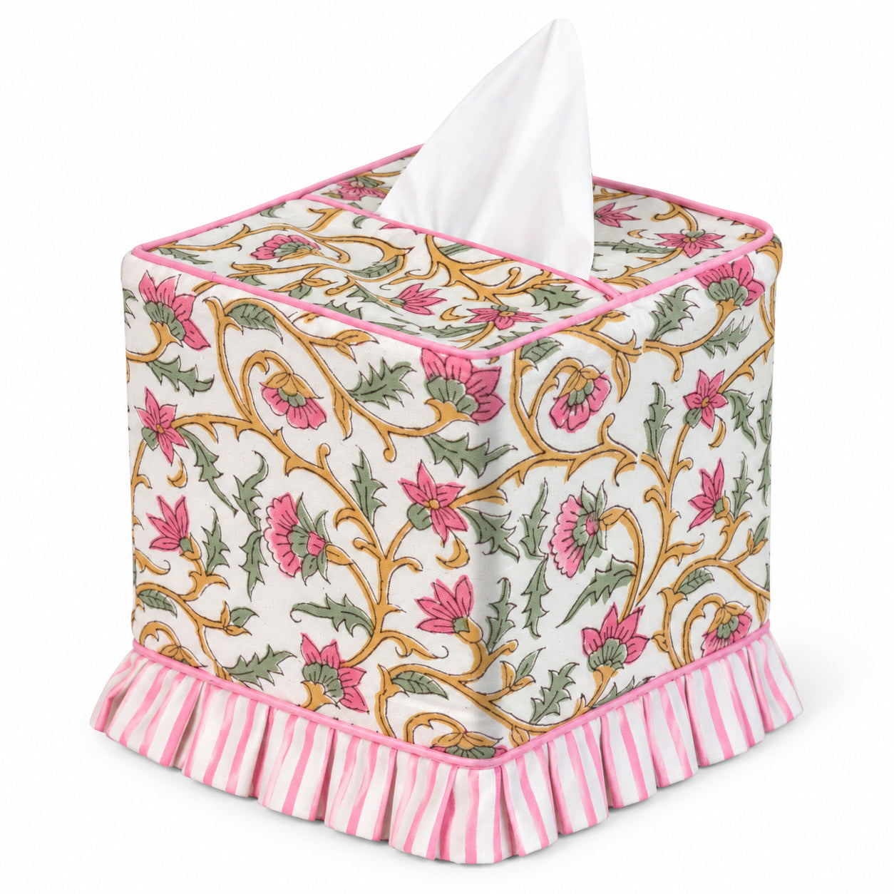 Block Print Ruffle Tissue Box Cover - Rose Pink Floral Vine RIDHI