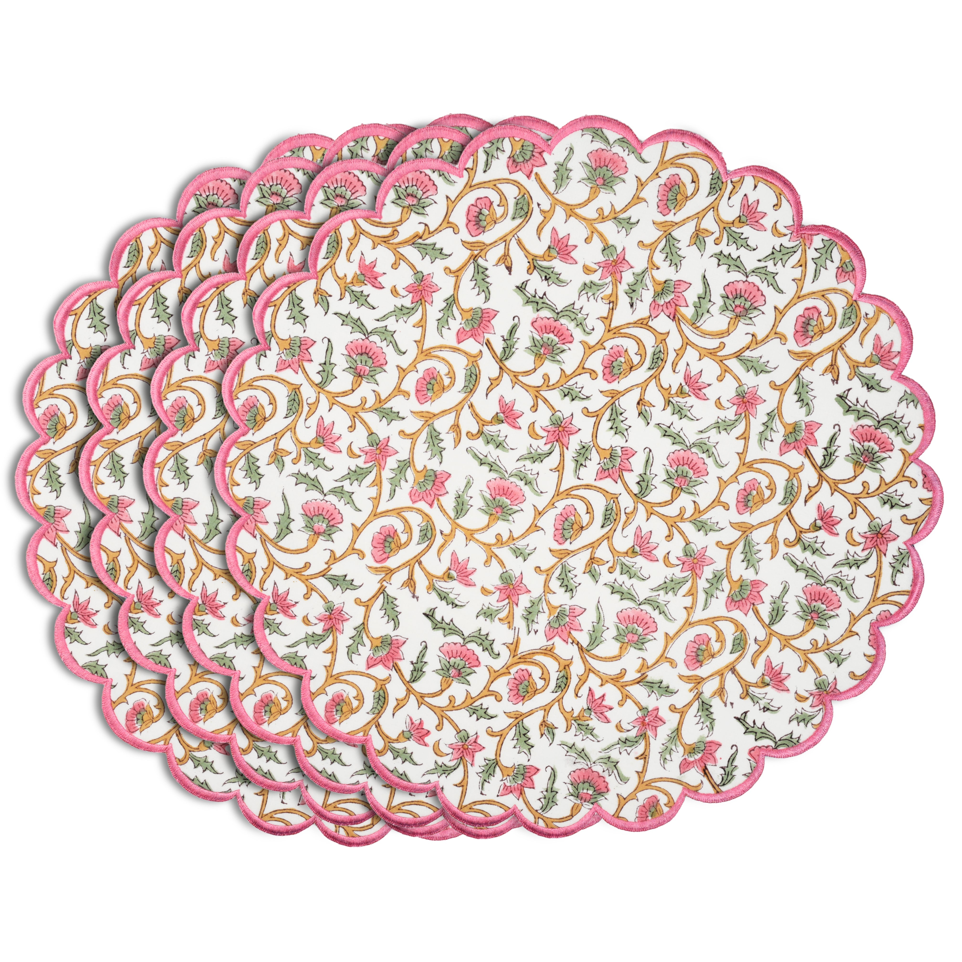 Rose Pink Floral Vine Round Placemats Ridhi Block Print