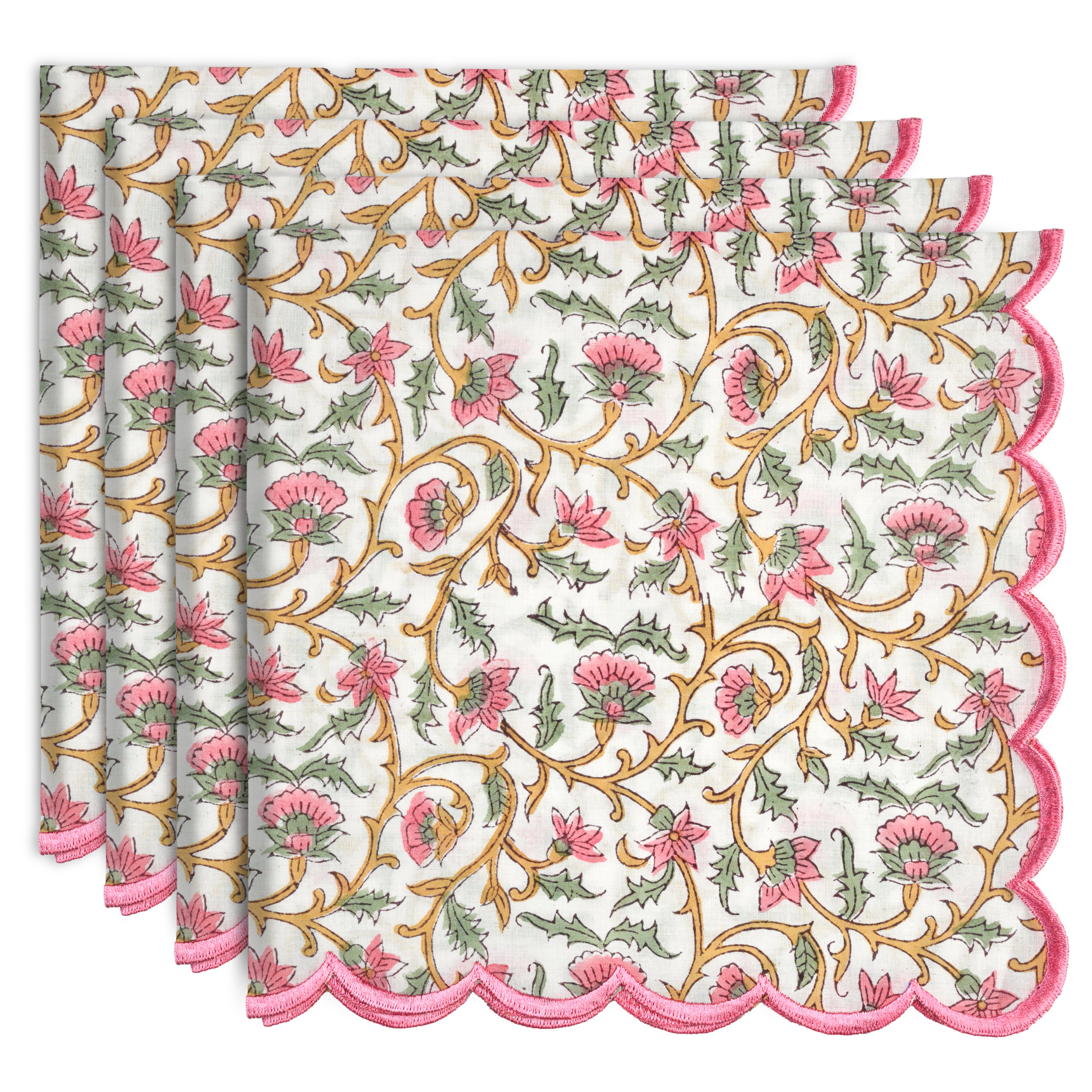 Rose Pink Floral Vine Embroidery Napkins Ridhi Block Print