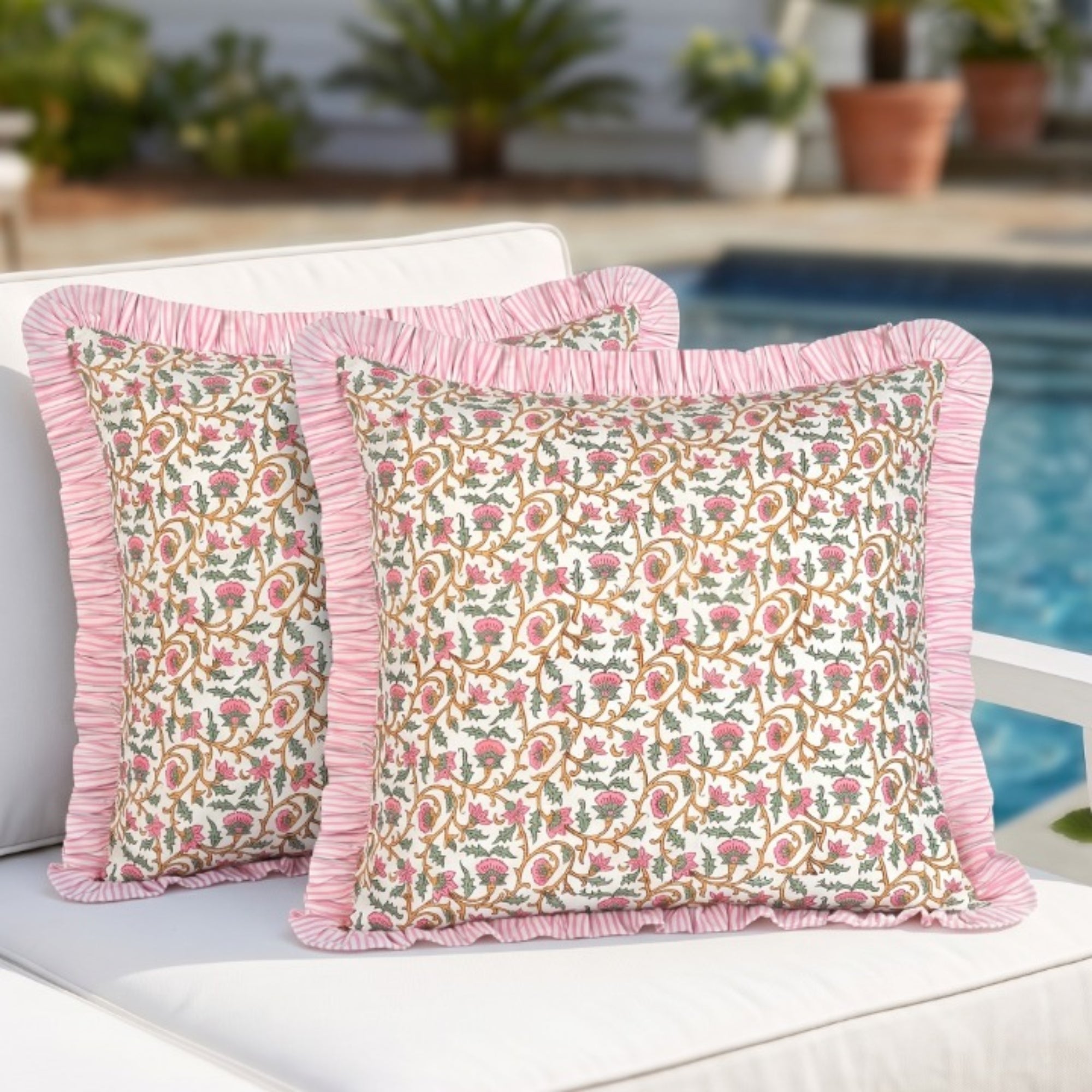 Rose Pink Floral Vine Ruffle Pillow Cover RIDHI