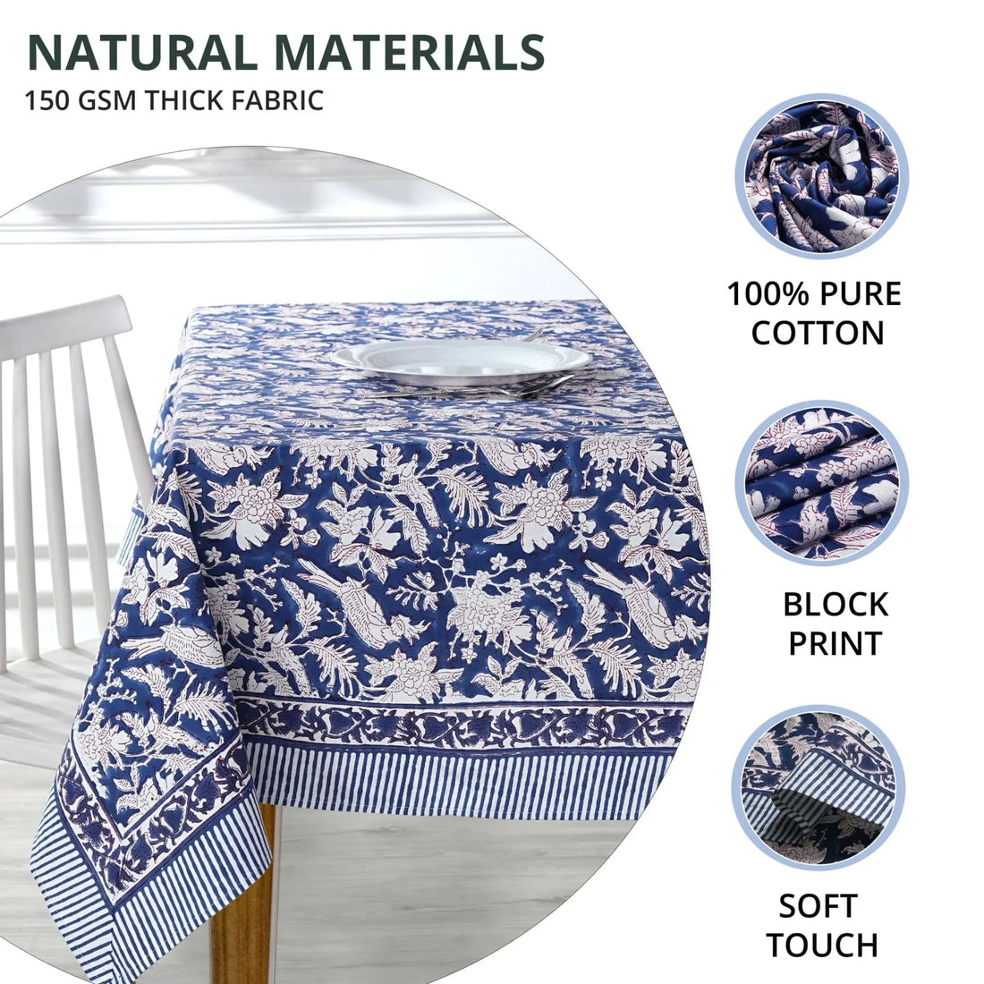 Blue and white patterned tablecloth on a table with text highlighting material properties.