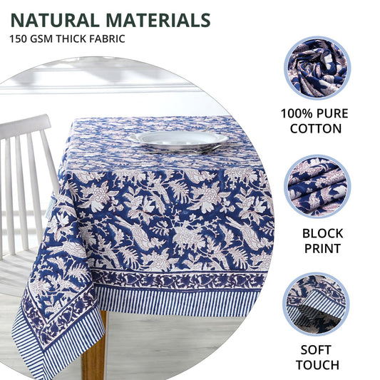 Blue and white patterned tablecloth on a table with text highlighting material properties.