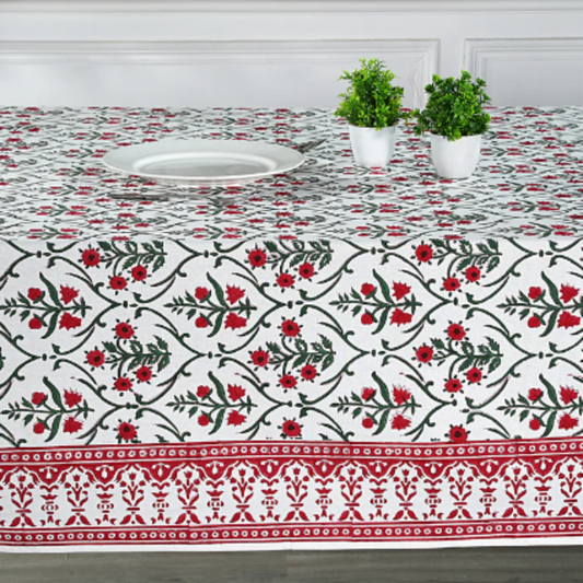 Decorative tablecloth with floral pattern on a table