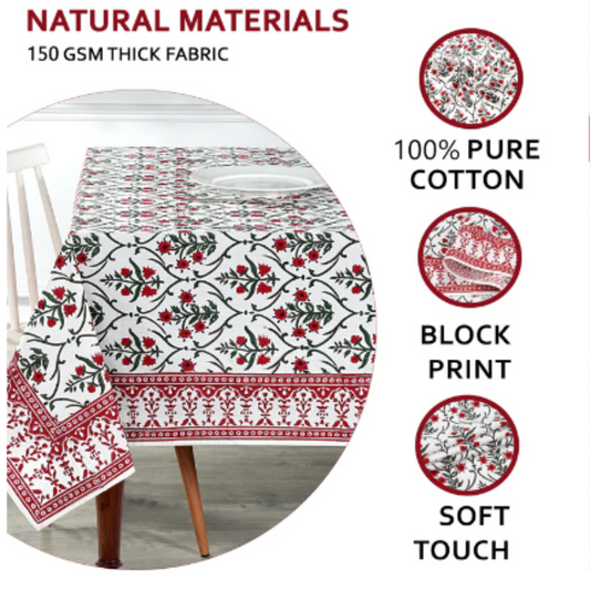 Tablecloth with floral pattern on a chair, featuring text about natural materials and fabric properties.