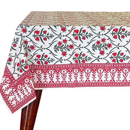 Decorative tablecloth with floral pattern on a white background