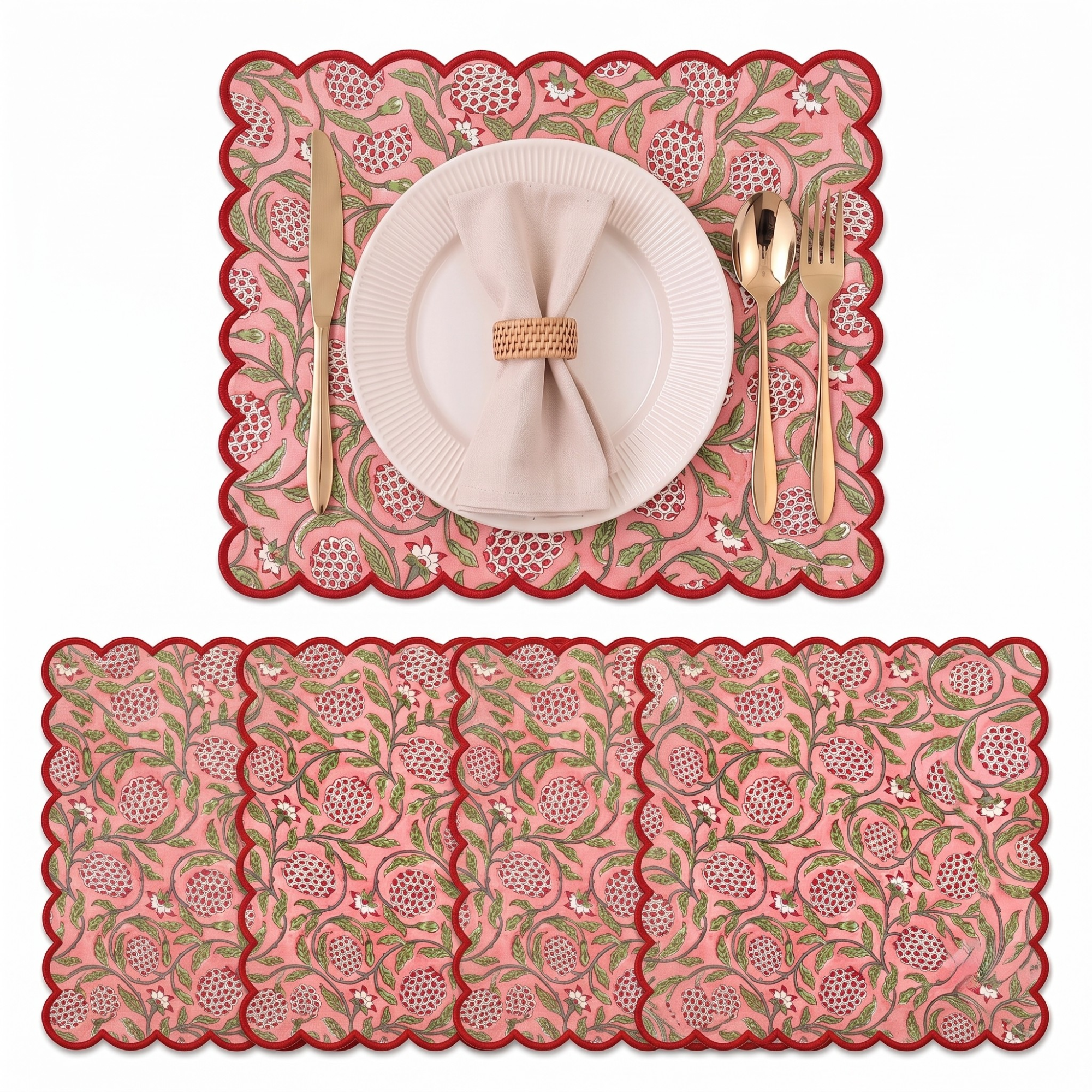 Strawberry Pink Round Placemats Ridhi Block Print