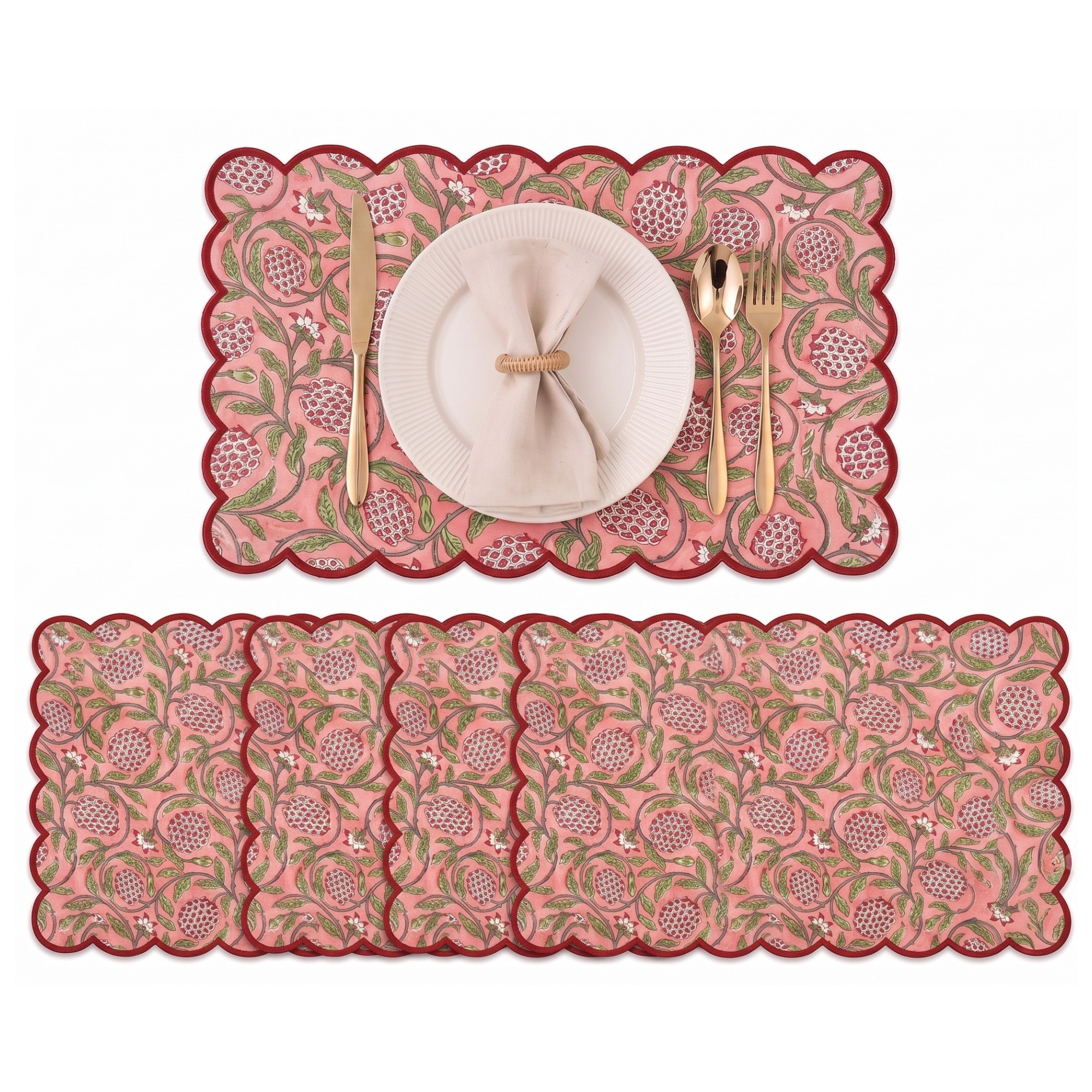 Strawberry Pink Round Placemats Ridhi Block Print