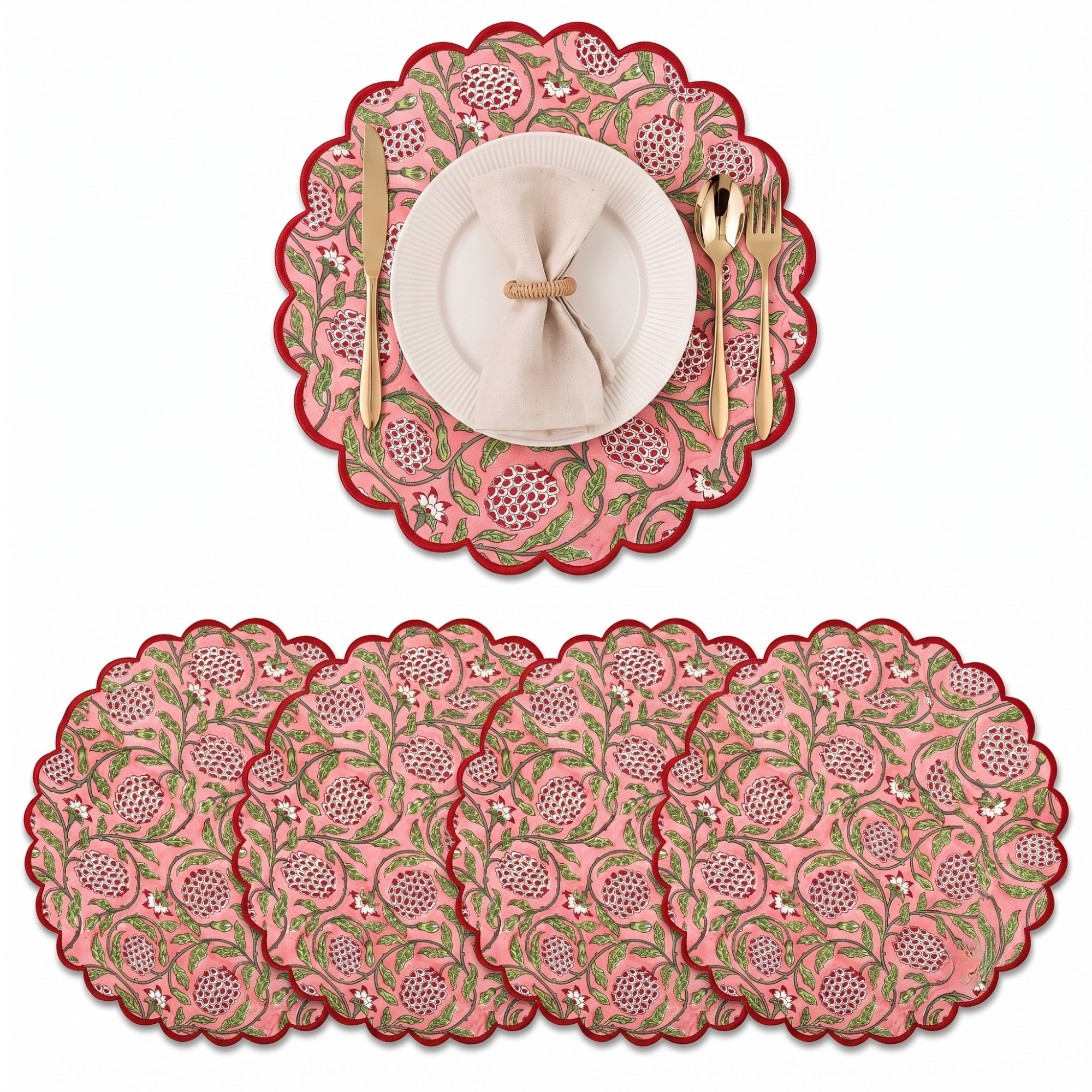 Strawberry Pink Round Placemats Ridhi Block Print