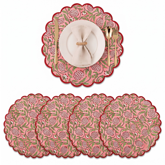 Strawberry Pink Round Placemats Ridhi Block Print