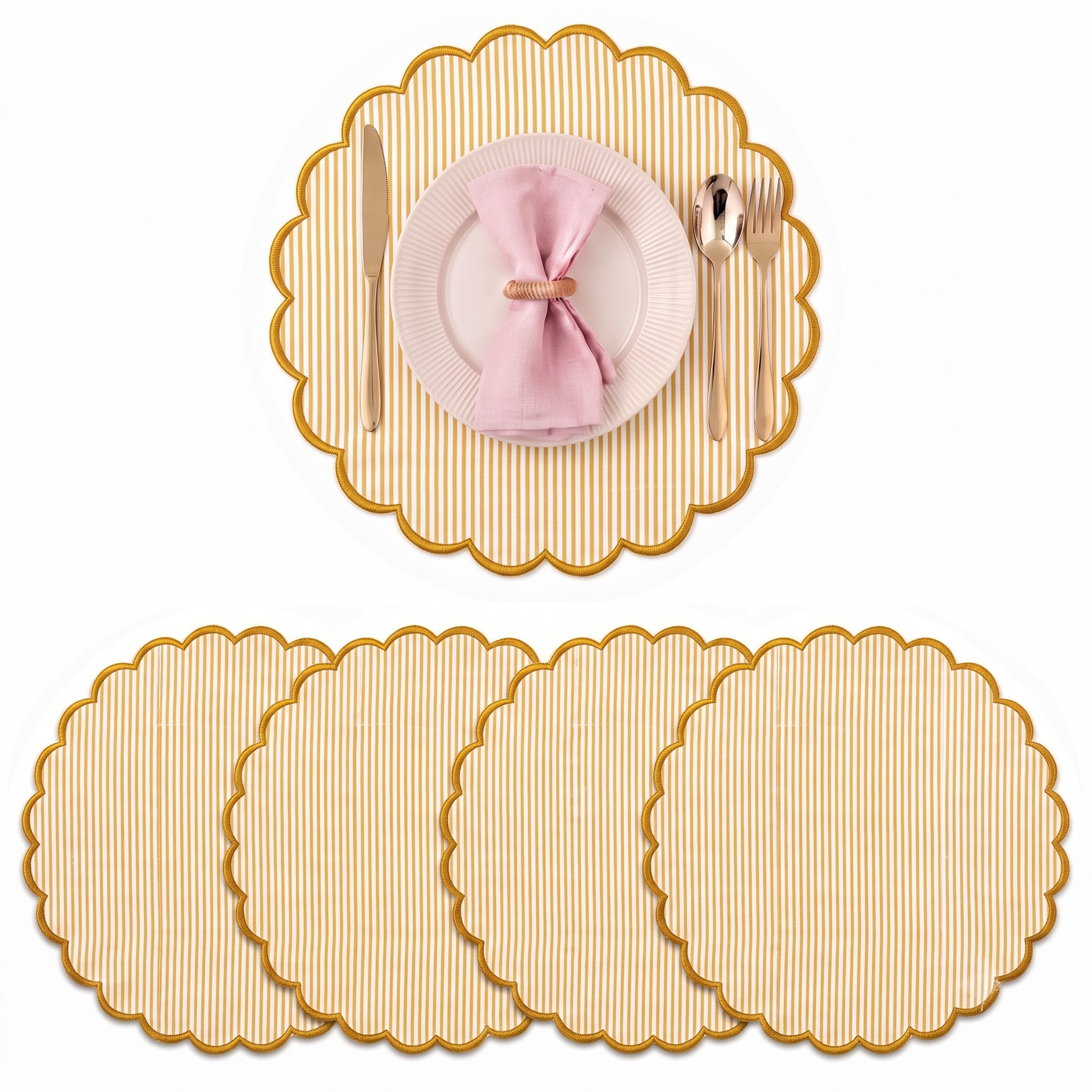 Saffron Yellow Stripe Round Placemat Ridhi Block Print